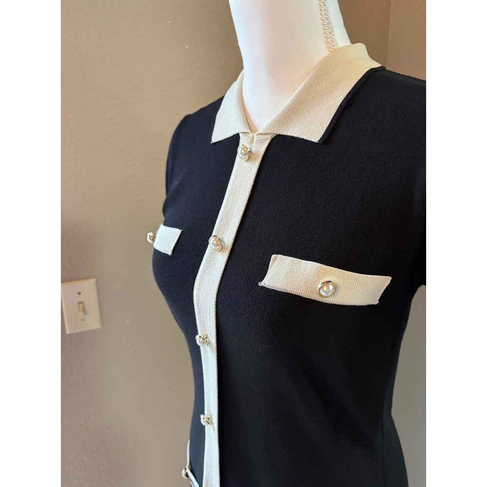Cider Black Cream Knit Button Front Mod Dress Pearl Buttons M - Picture 4 of 8